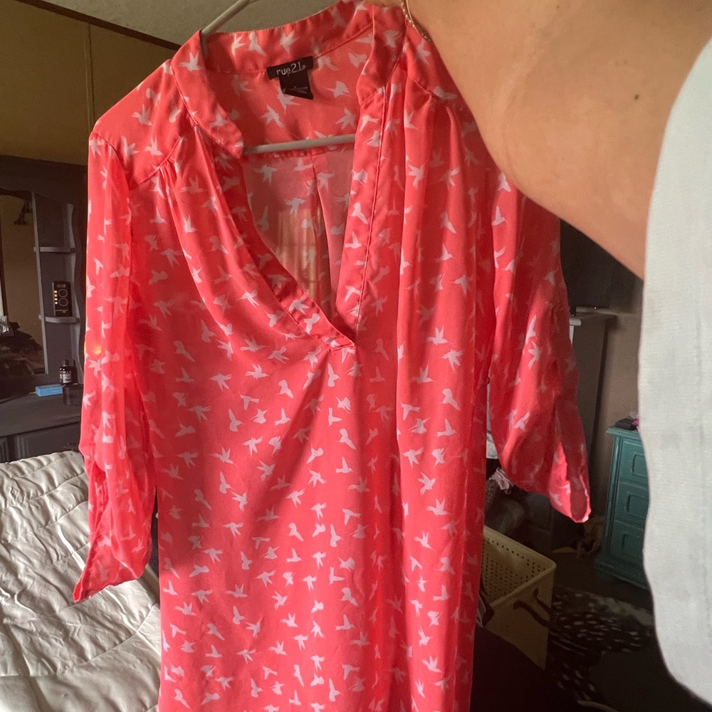 Rue21 Bright Coral Blouse with Bird Pattern